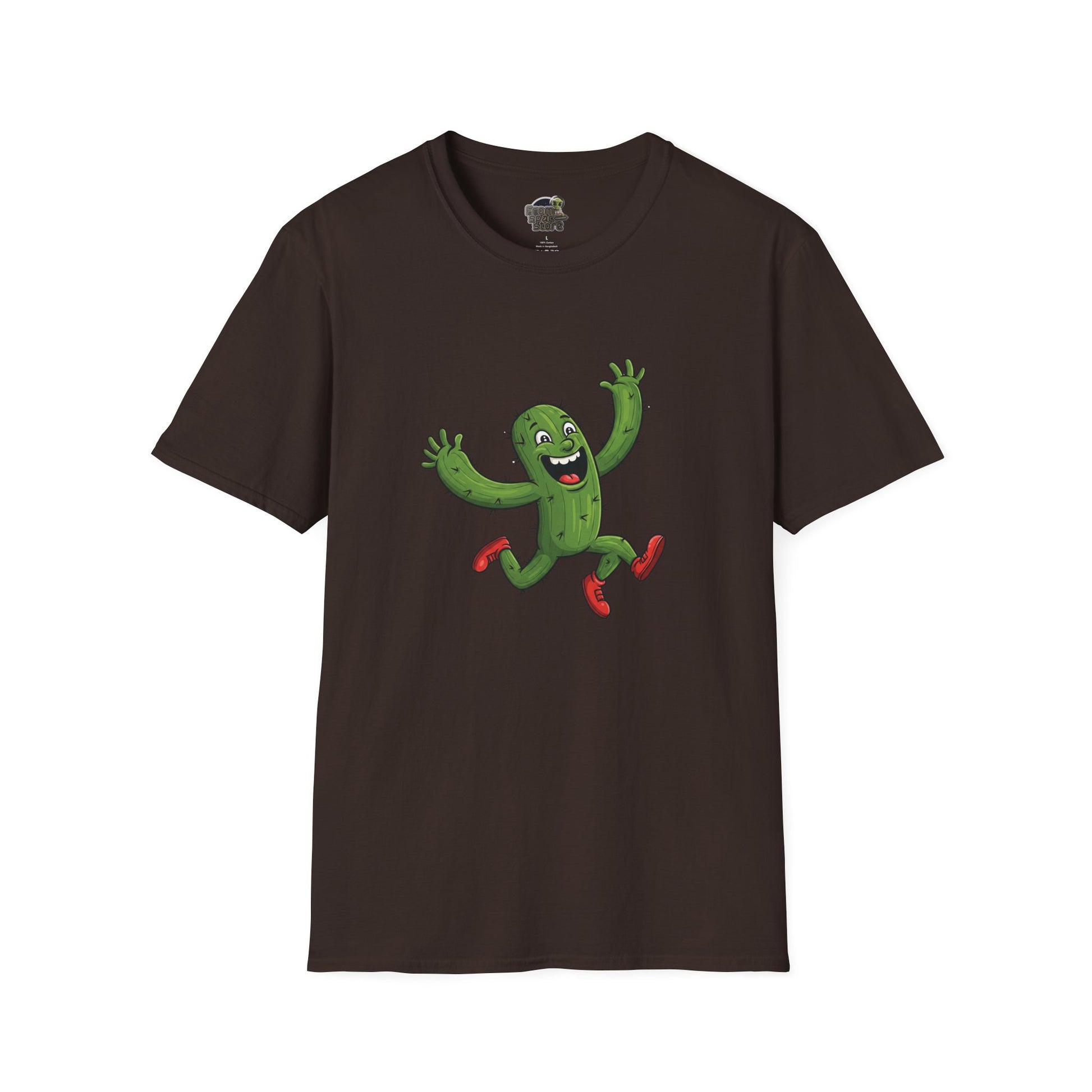 Running Cactus T-Shirt: Fun Organic Cotton Tee for Nature & Quirky Style | Cactus Mania Dark Chocolate