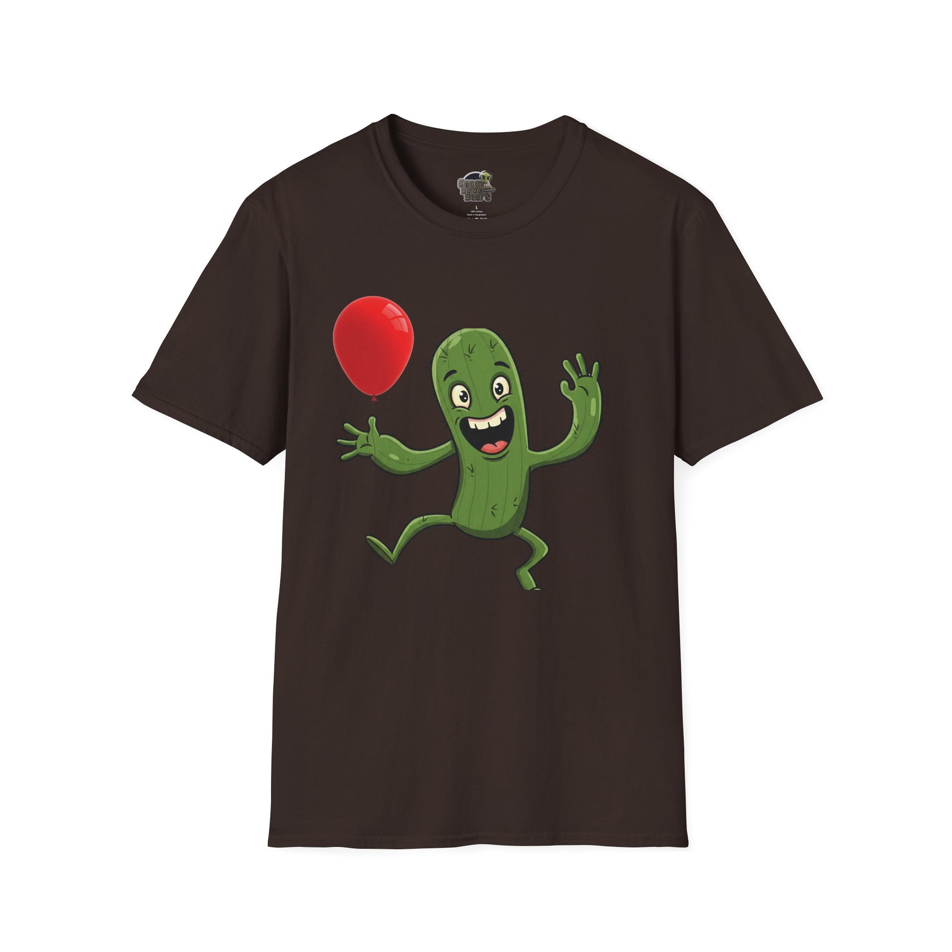 Cactus Mania T-Shirt: Cheerful Cactus with Balloon | Organic Cotton Unisex Tee Dark Chocolate