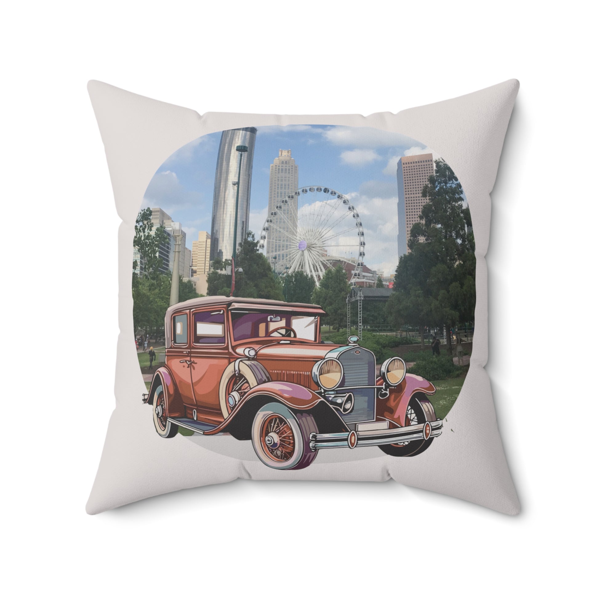 Decorative throw pillow 20'x20' with vintage Buick Doctor Coupe car design featuring a cityscape with a Ferris wheel and tall buildings.