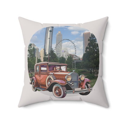 Decorative throw pillow 20'x20' with vintage Buick Doctor Coupe car design featuring a cityscape with a Ferris wheel and tall buildings.