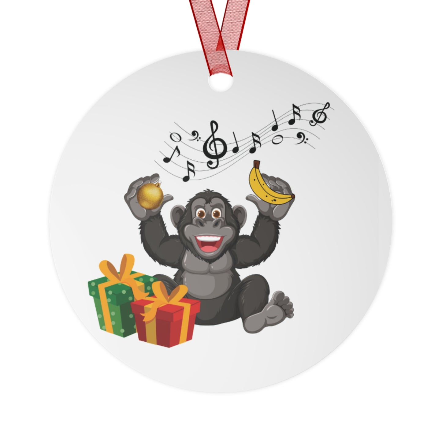 Circular unique Christmas ornament with a original cartoon gorilla holding a banana and a ball