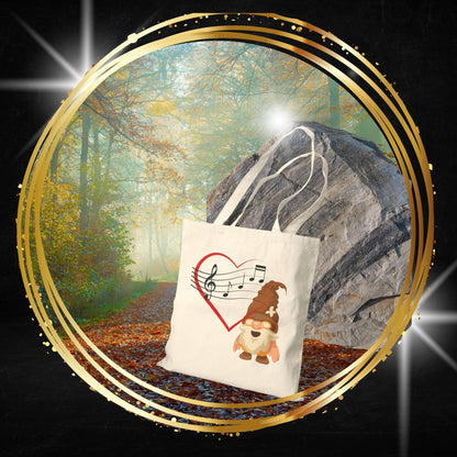 Harmonious Heart Gnome Music Tote Bag: Carry Your Love for Melodies (Natural & Black Canvas)