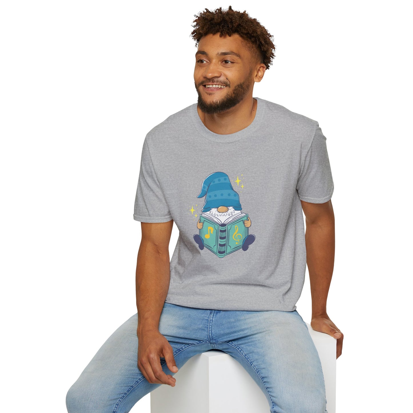 Man wearing a heather grey graphic t-shirt featuring a cute cartoon music gnome design from From Space Store