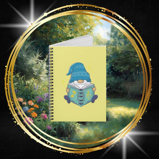 Studious Gnome Reading Music Book Spiral Notebook - Student Ruled Line Journal - Music Theory Gift