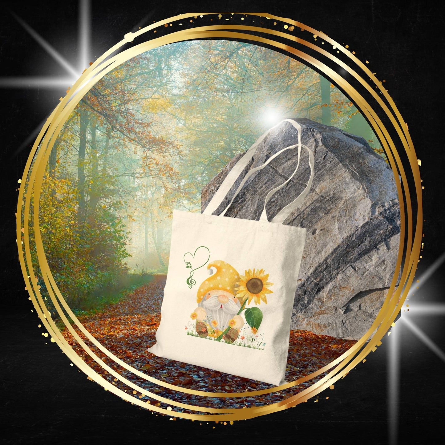 Radiant Sunflower Gnome Tote Bag: Carry Your Sunshine & Sweet Melodies (Natural & Black Canvas)