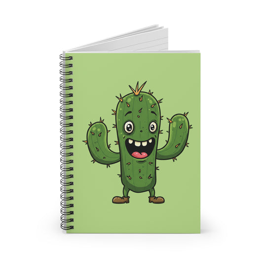 Close-up image of a spiral notebook with a cute cartoon Joyfull Cactus graphic on the cover. A fun stationery gift for succulent and houseplant enthusiasts