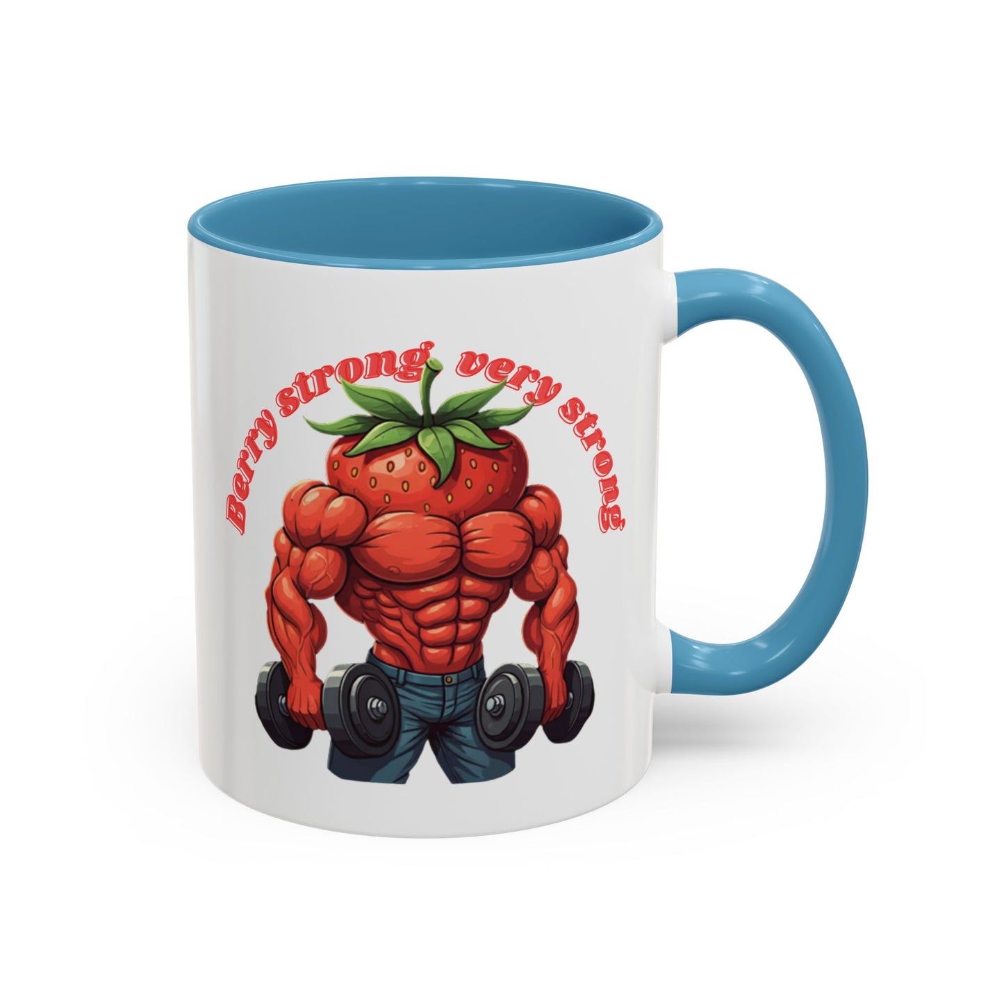 Muscular body with a strawberry head lifting weights on a light blue mug with "Berry strong - very strong" text.
