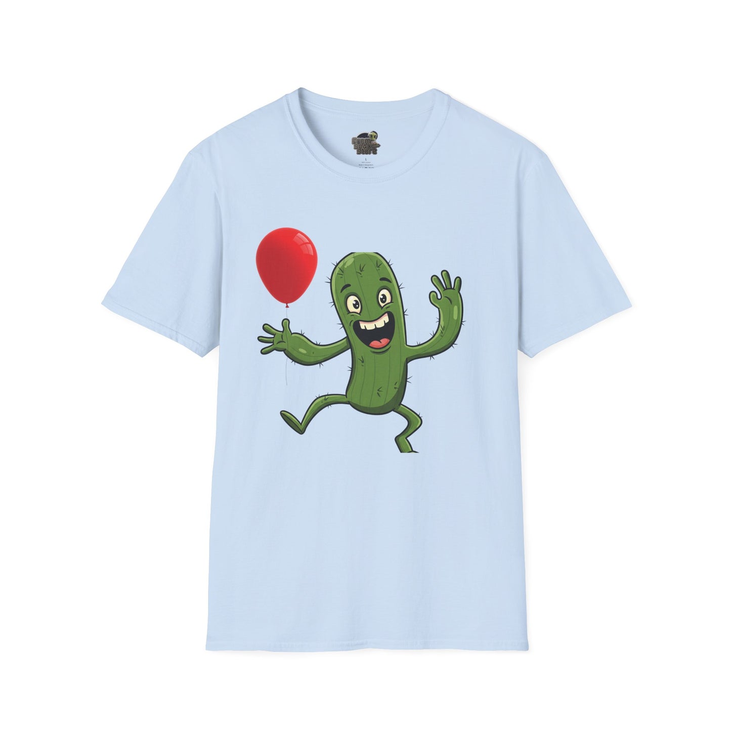 Cactus Mania T-Shirt: Cheerful Cactus with Balloon | Organic Cotton Unisex Tee Light Blue