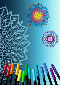 Colorful markers with mandala designs on a blue background