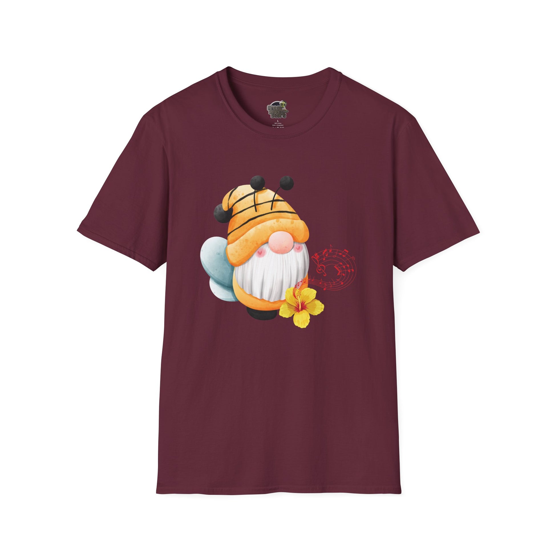 Bee Gnome Unisex T-Shirt: Buzzing with Magic & Melody Maroon