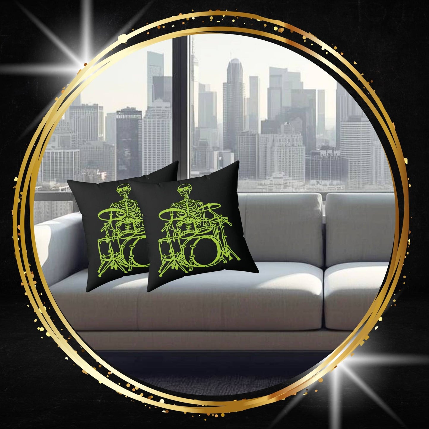 Neon Bone-Beats: Fluo Drummer Skeleton Throw Pillow