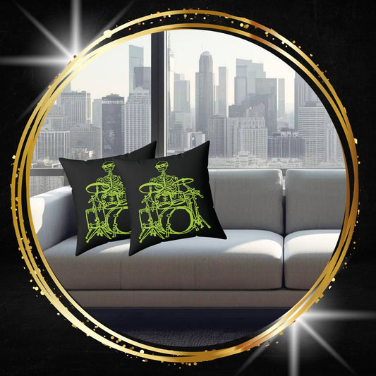 Neon Bone-Beats: Fluo Drummer Skeleton Throw Pillow