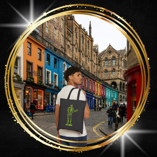 Neon Skeleton Guitarist Tote Bag: Rock Style