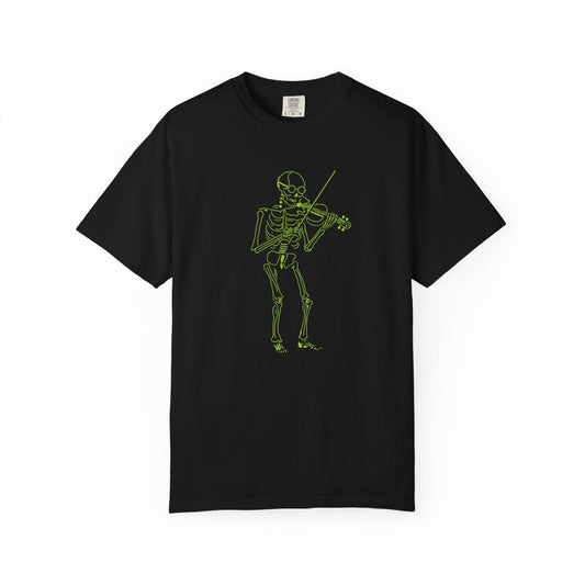 Black unisex t-shirt with a Metal Skeleton Fluo - Green Skeleton violinist