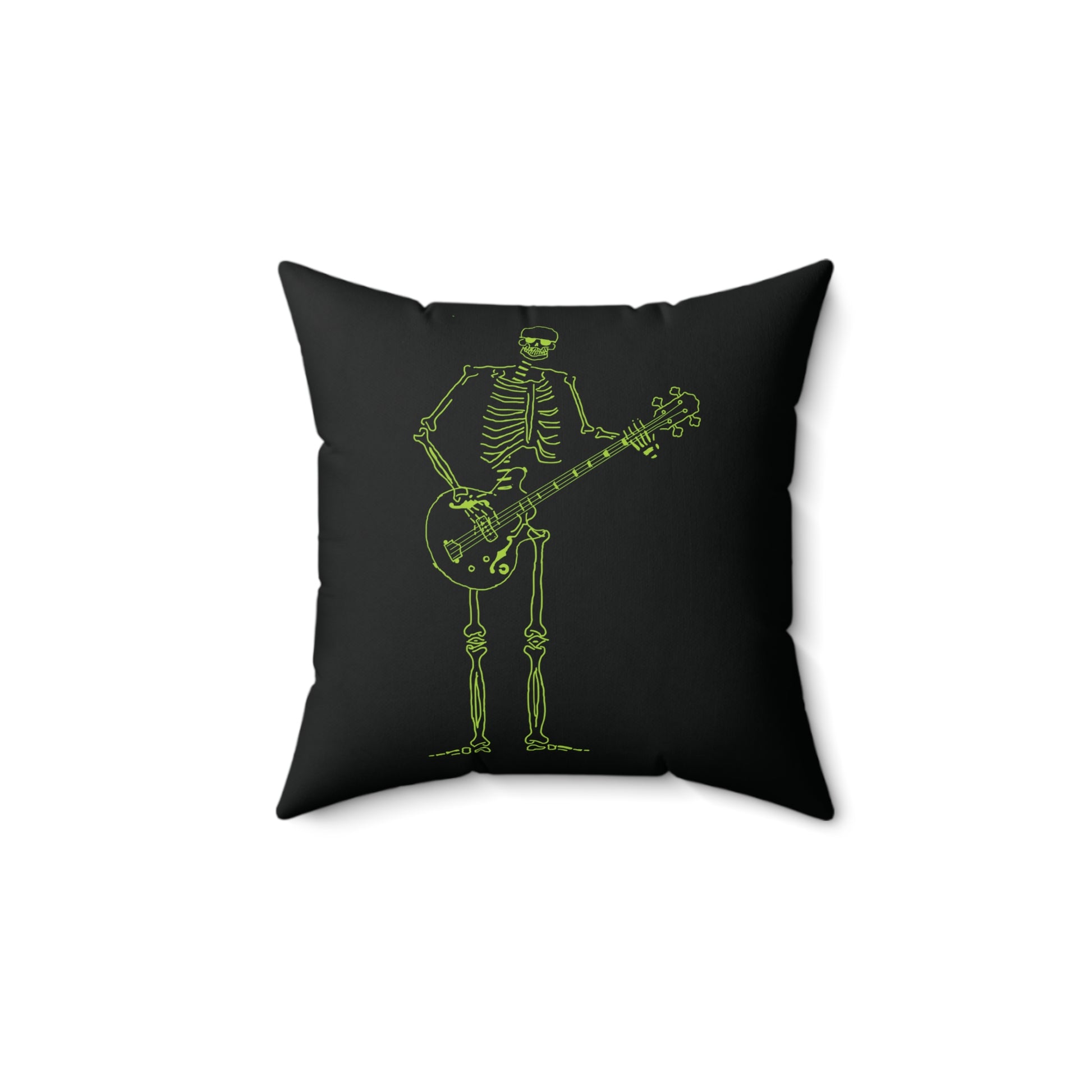 Minimalist bass player skeleton art in neon green for modern interiors.
