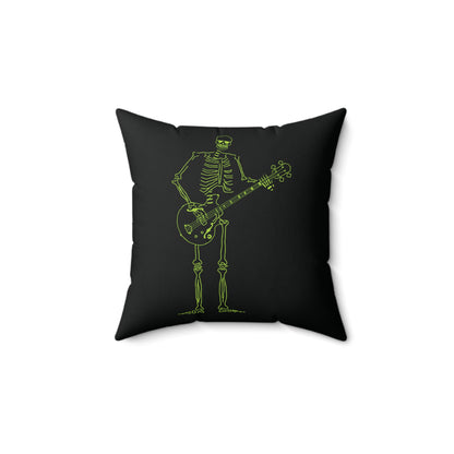 Minimalist bass player skeleton art in neon green for modern interiors.
