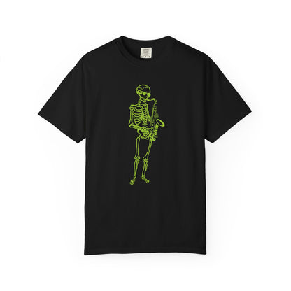 Black t-shirt with a green skeleton playing a saxophone fluo design