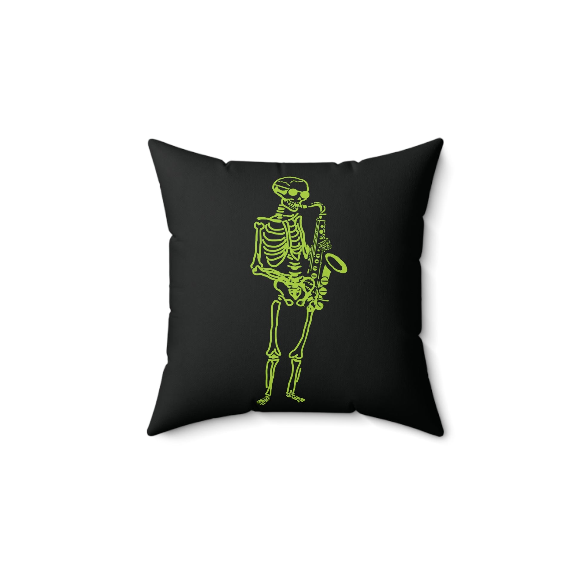 Jazz-themed skeleton air freshener style graphic on a premium throw pillow.
