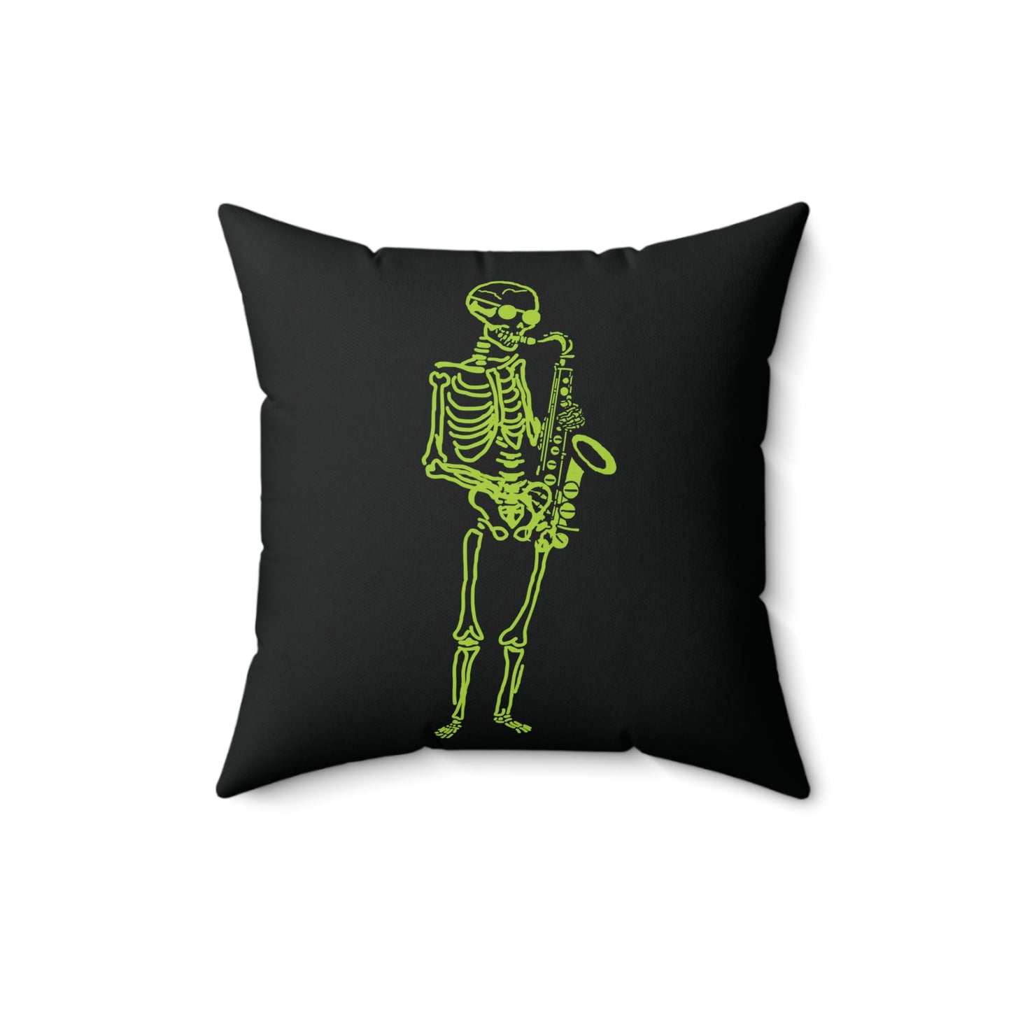 Neon green skeleton playing the saxophone on a white square throw pillow.