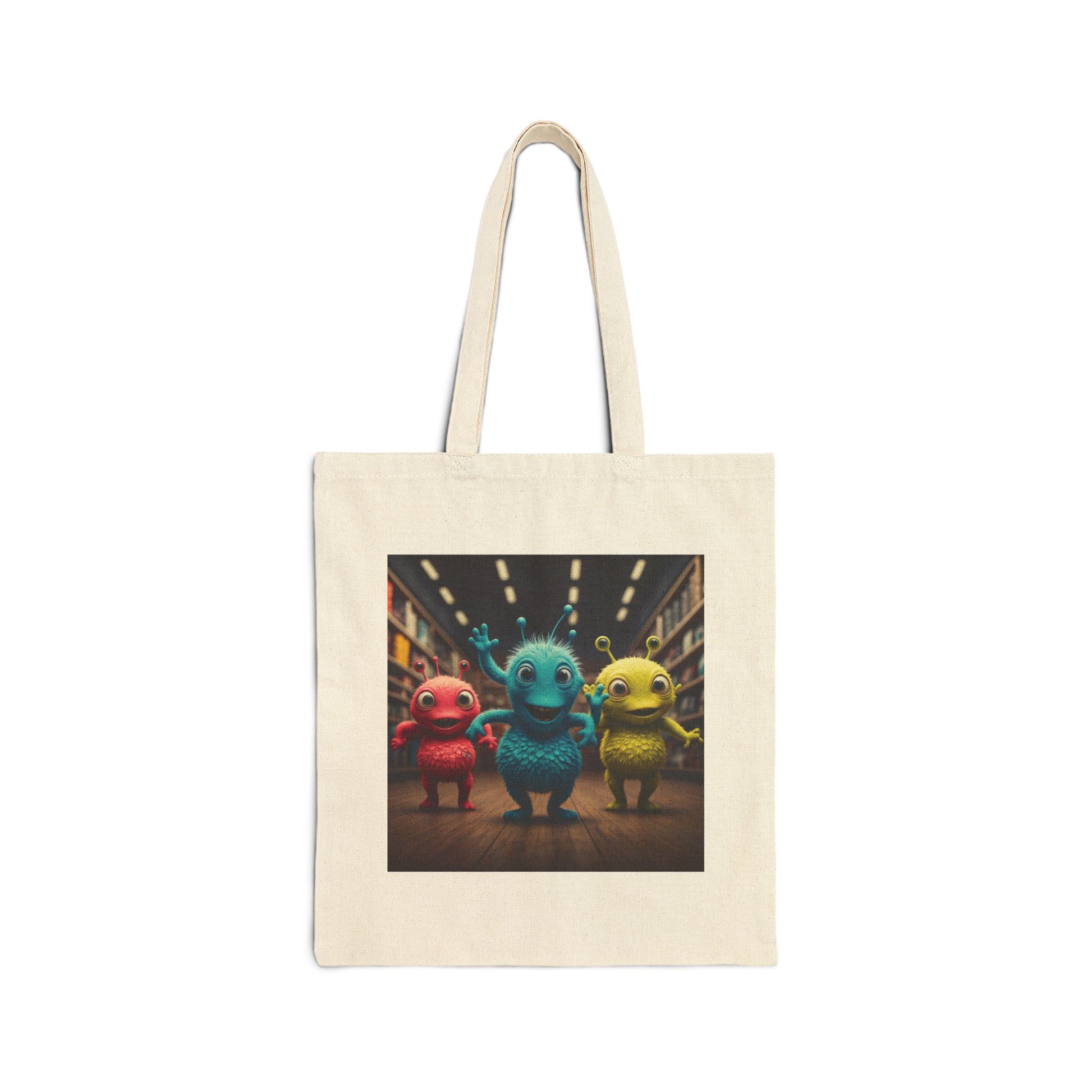 Alien dancer Natural tote bag with unique graphic of Aliens dancing.