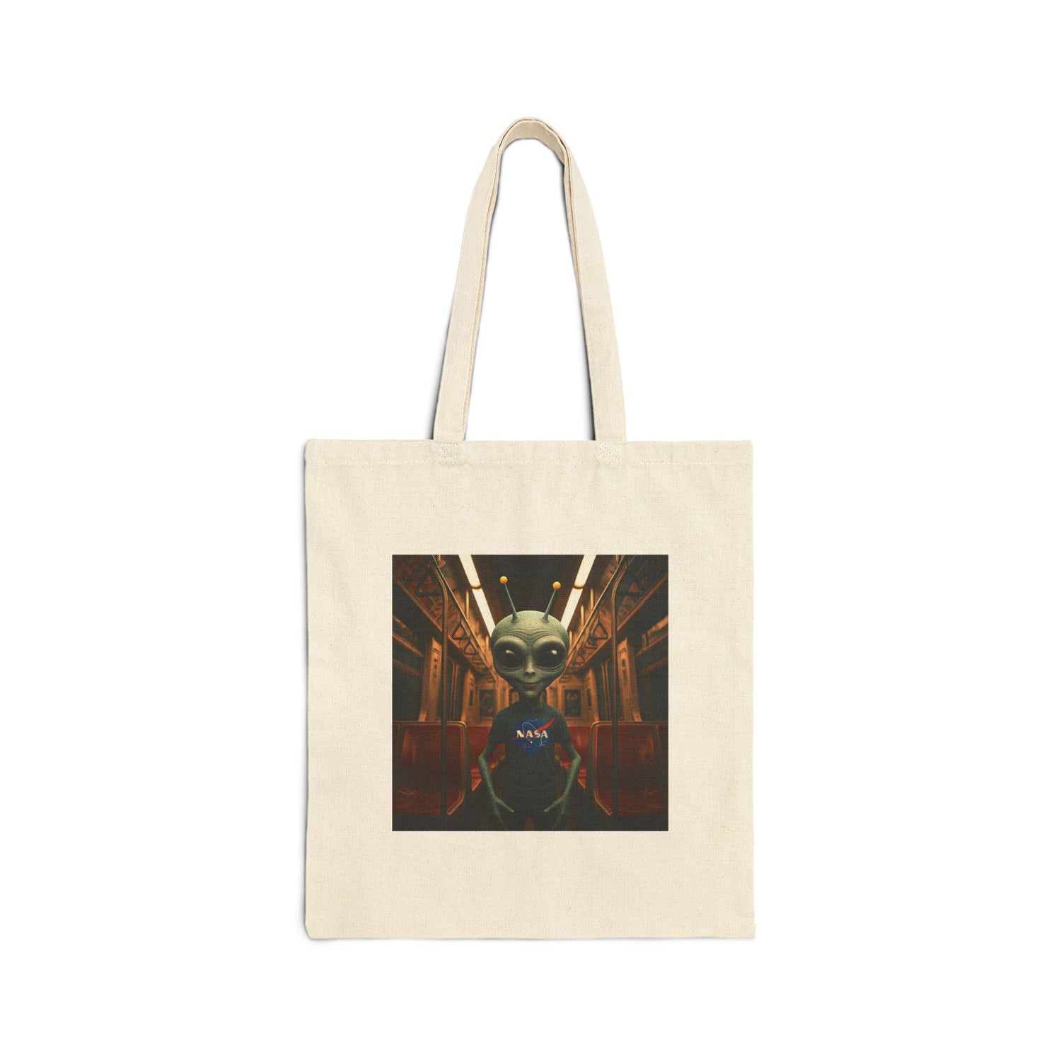 Quirky Alien in Subway on a Natural tote Bag highlighting a vibrant, multicolored design