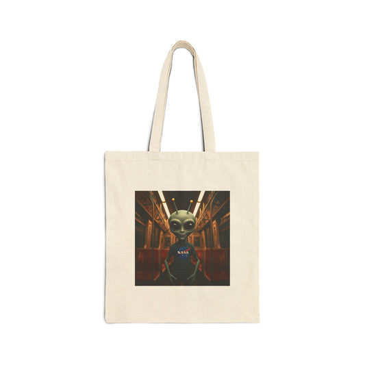 Quirky Alien in Subway on a Natural tote Bag highlighting a vibrant, multicolored design