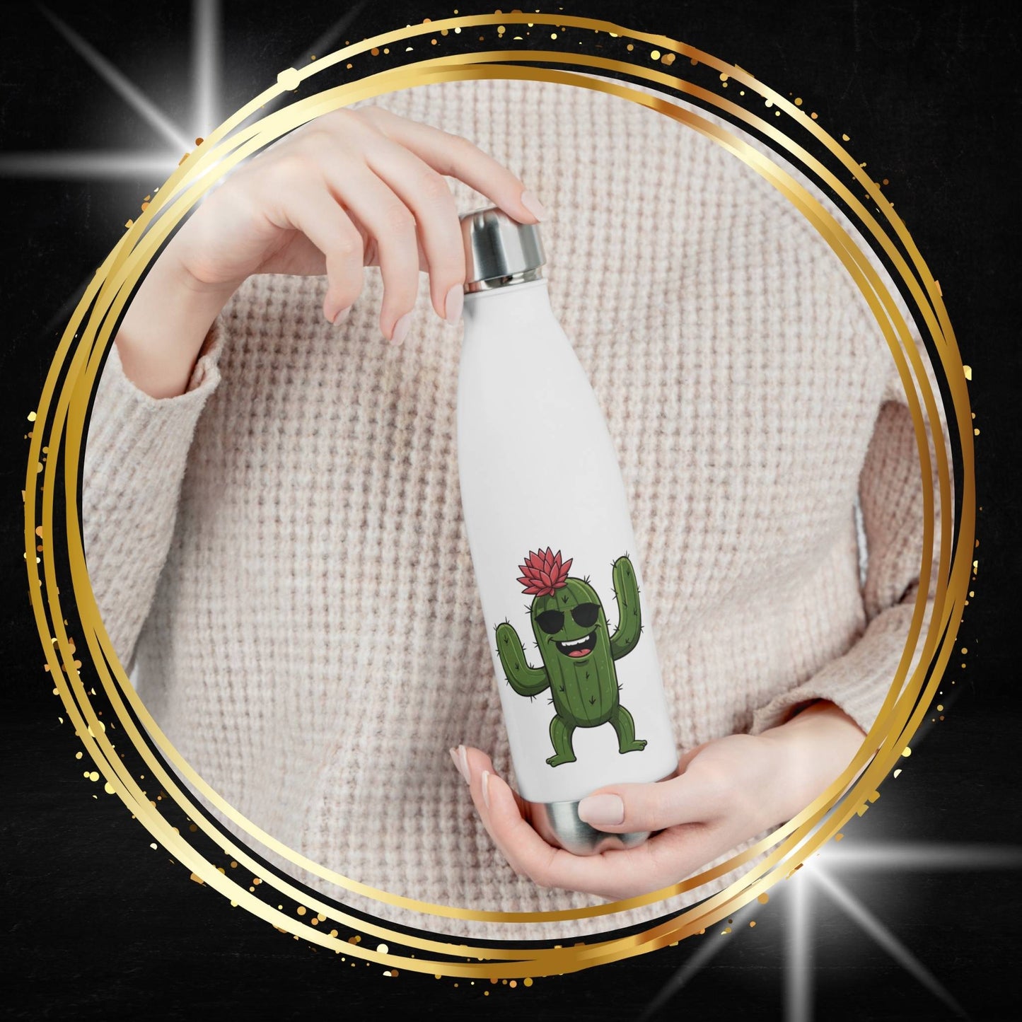 Unique and original cactus with sunglasses  on a insulated White water bottle