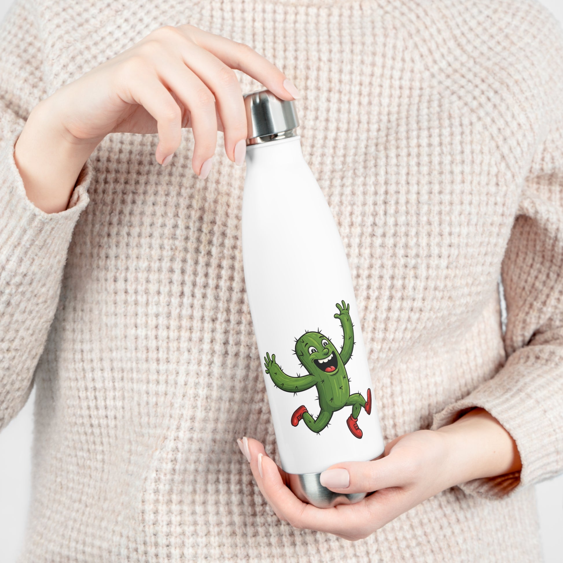 Original running cactus design on a stainless White water bottle