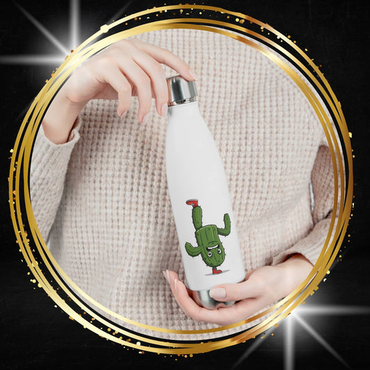 Unique and original upside-down on a foot cactus design on a insulated white water bottle