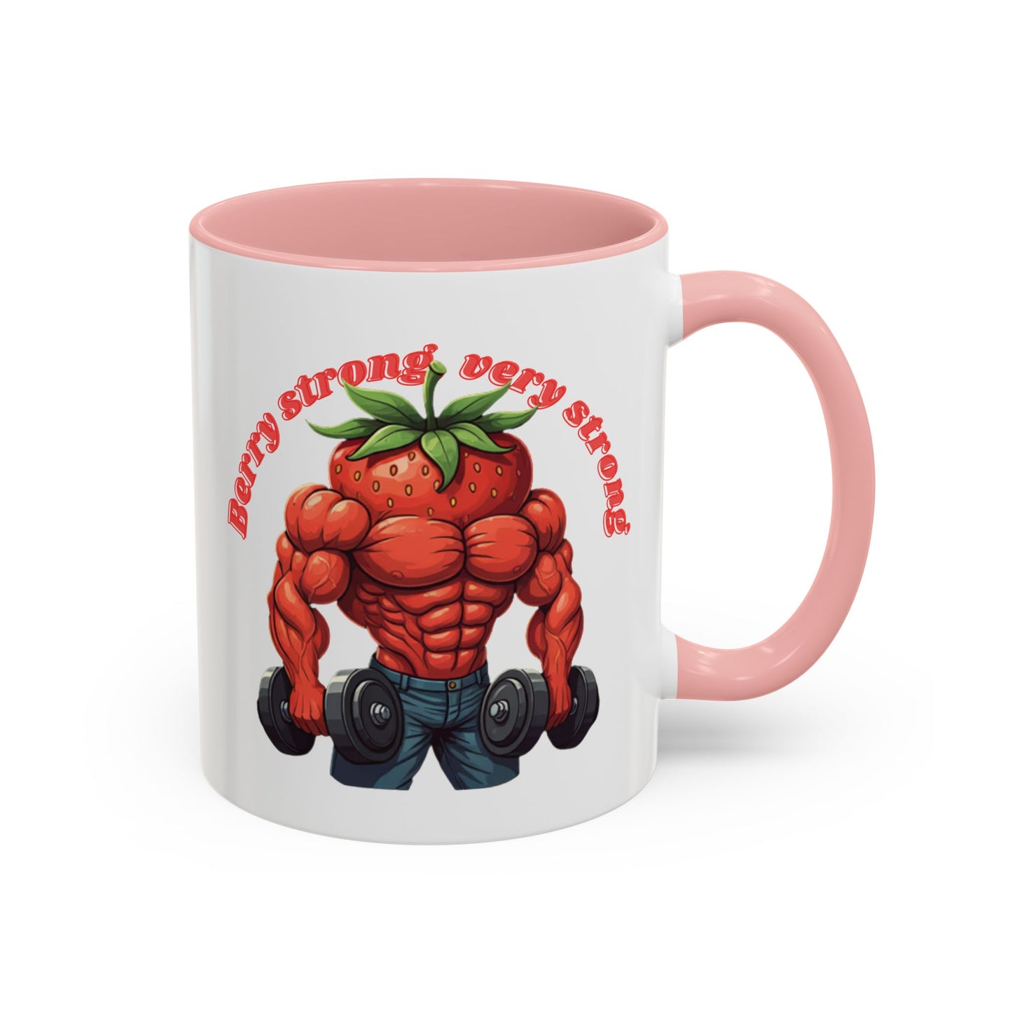 Muscular body with a strawberry head lifting weights on a pink mug with "Berry strong - very strong" text.
