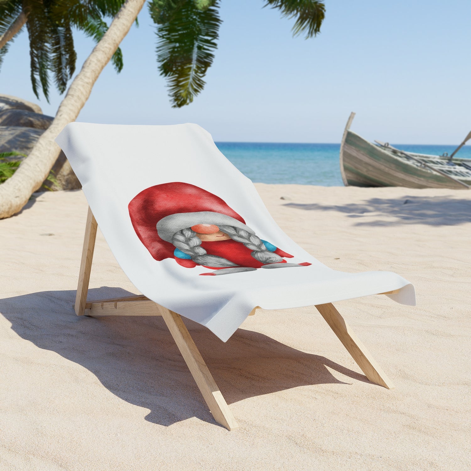 Adorable red-hatted gnome with long grey braids and colorful musical notes floating beside it on a beach towel. 30" × 60"