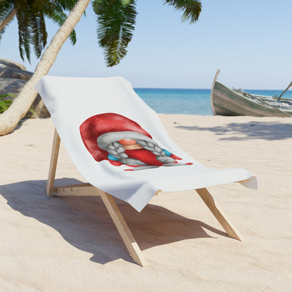 Adorable red-hatted gnome with long grey braids and colorful musical notes floating beside it on a beach towel. 30" × 60"