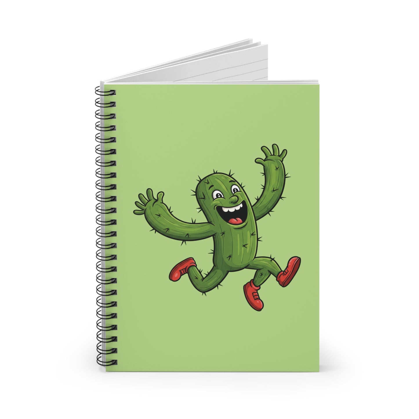 Close-up image of a spiral notebook with a funny cartoon running cactus graphic on the cover. A humorous stationery item for plant lovers and unique gift seekers.