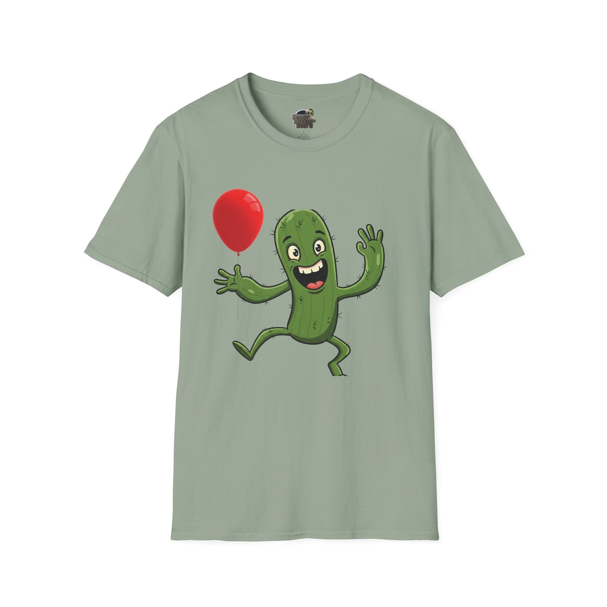 Cactus Mania T-Shirt: Cheerful Cactus with Balloon | Organic Cotton Unisex Tee Sage