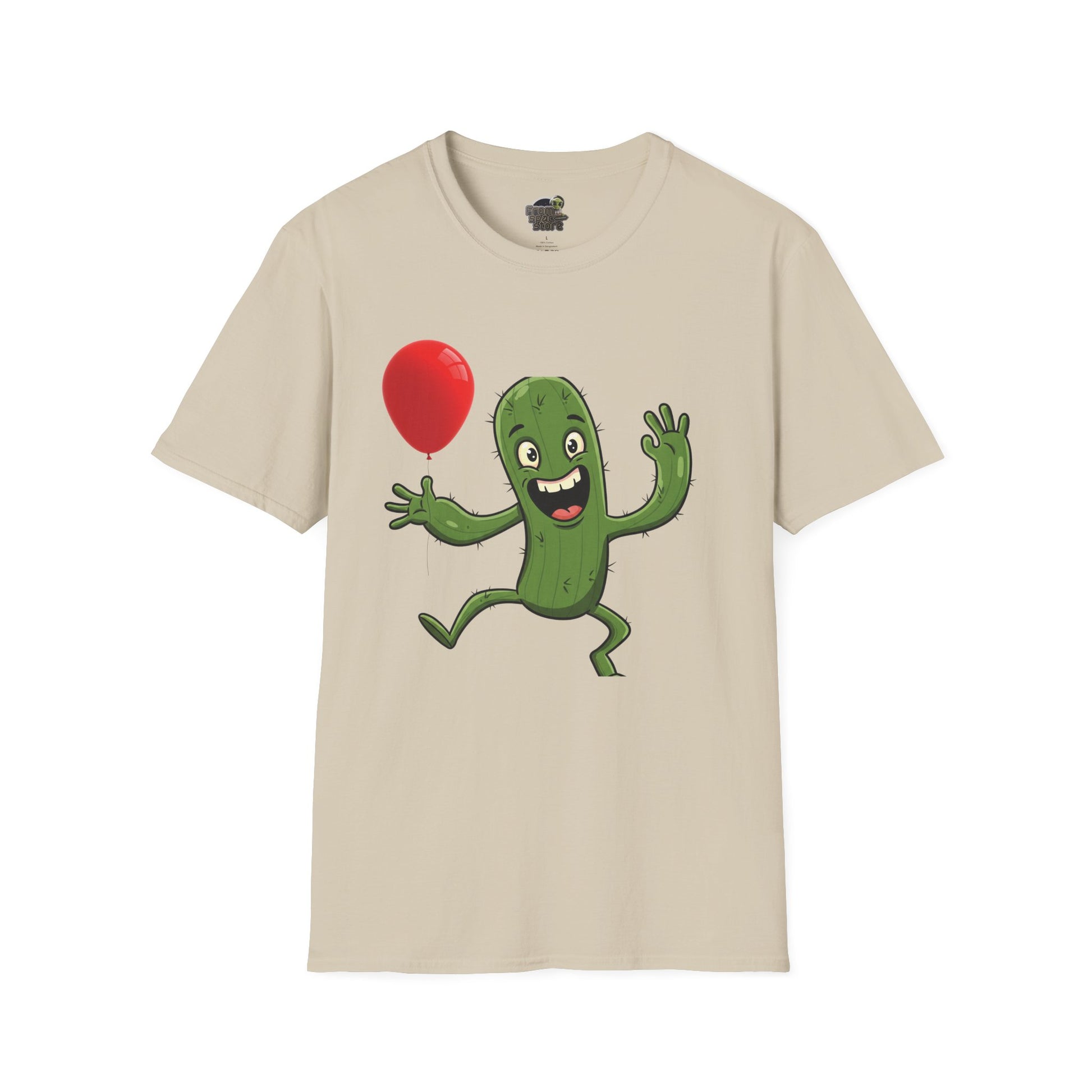 Cactus Mania T-Shirt: Cheerful Cactus with Balloon | Organic Cotton Unisex Tee Sand