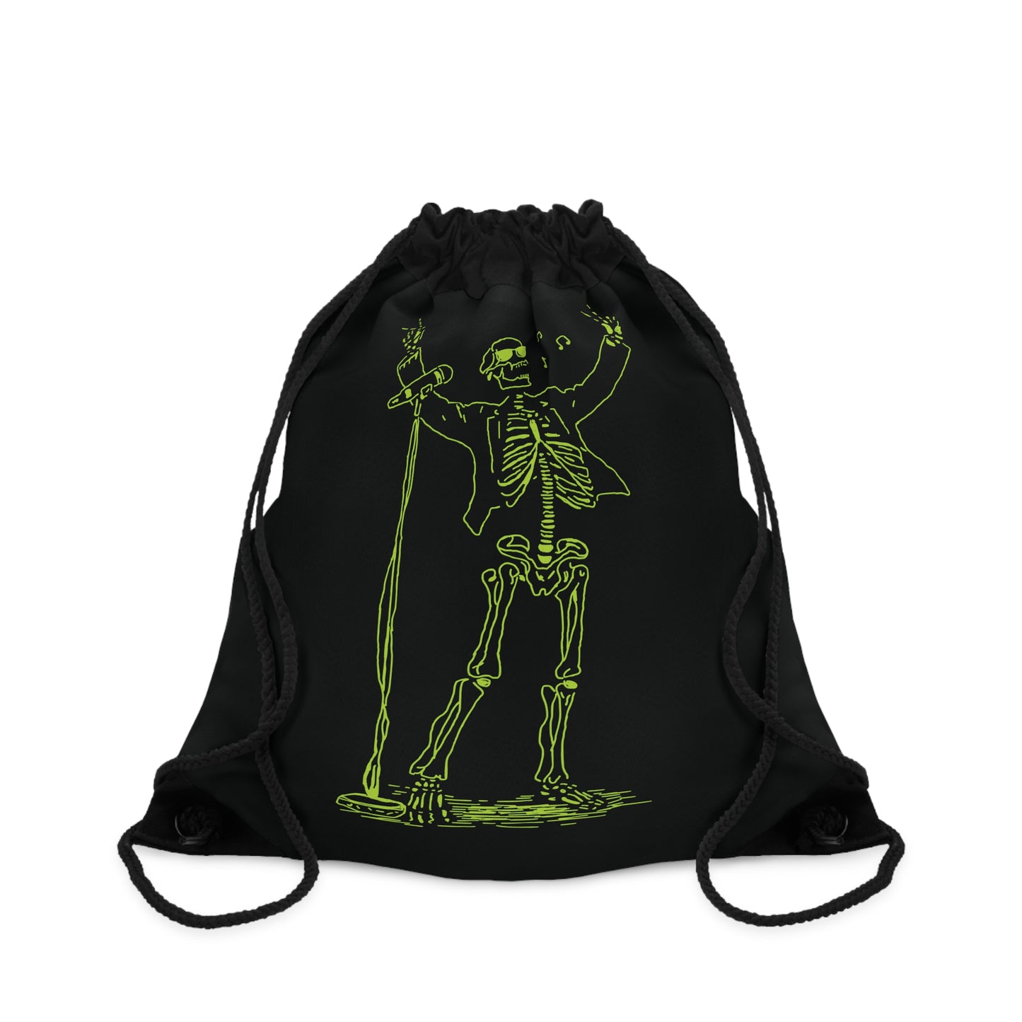 Black drawstring bag with a Unique metal green Singer skeleton design 