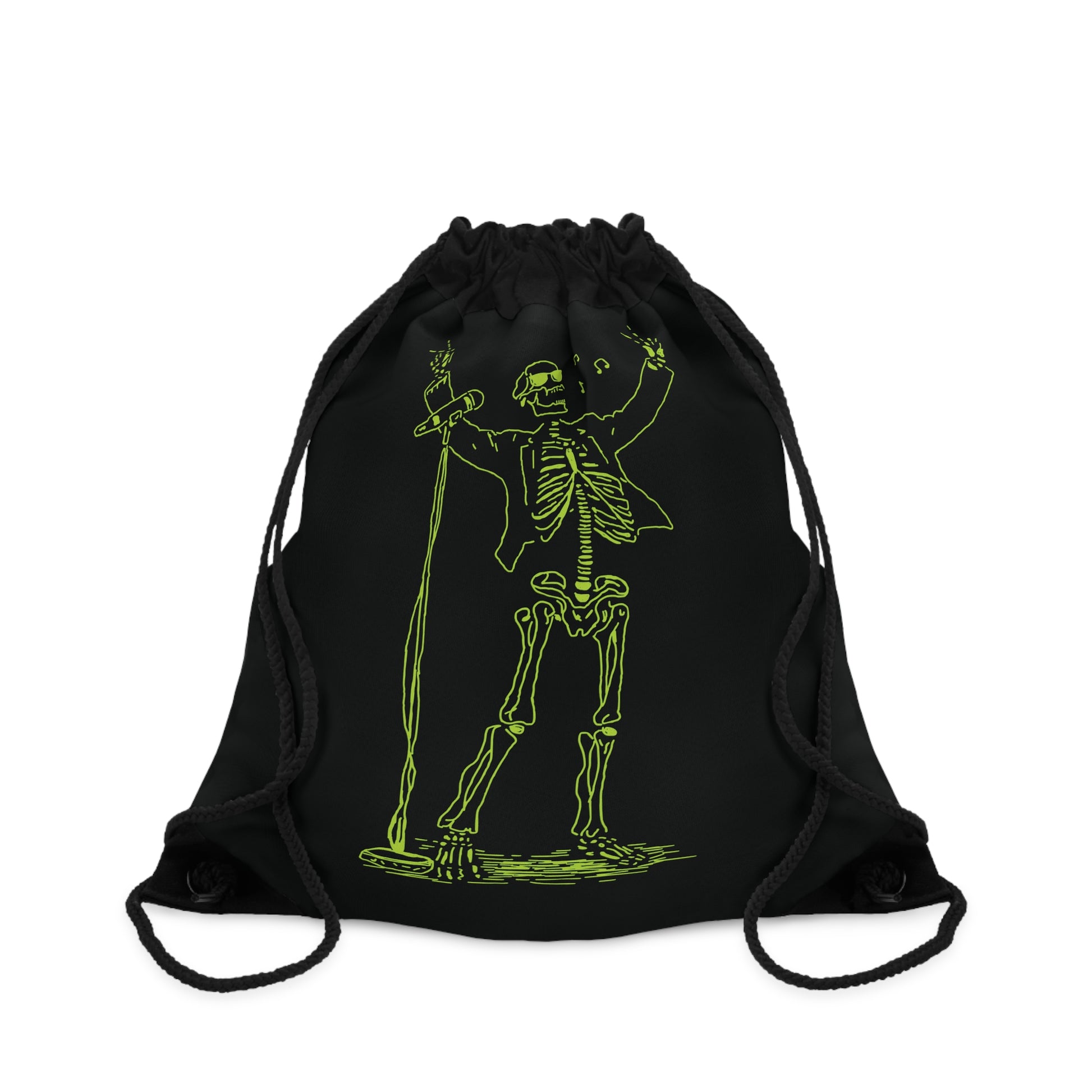 Black drawstring bag with a Unique metal green Singer skeleton design 