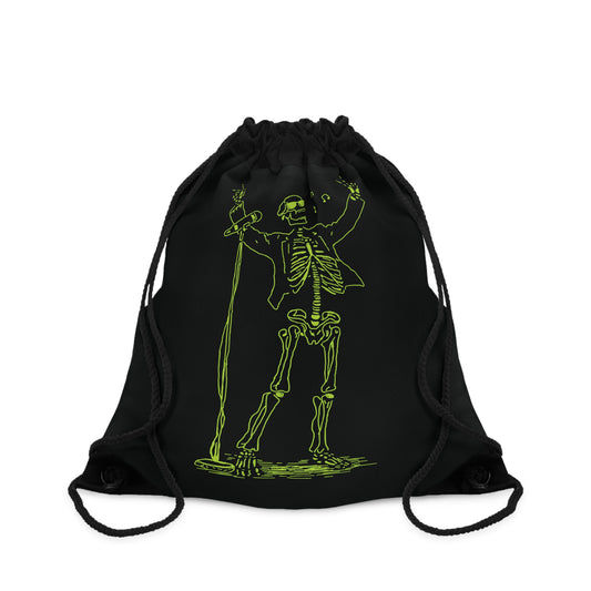 Black drawstring bag with a Unique metal green Singer skeleton design 