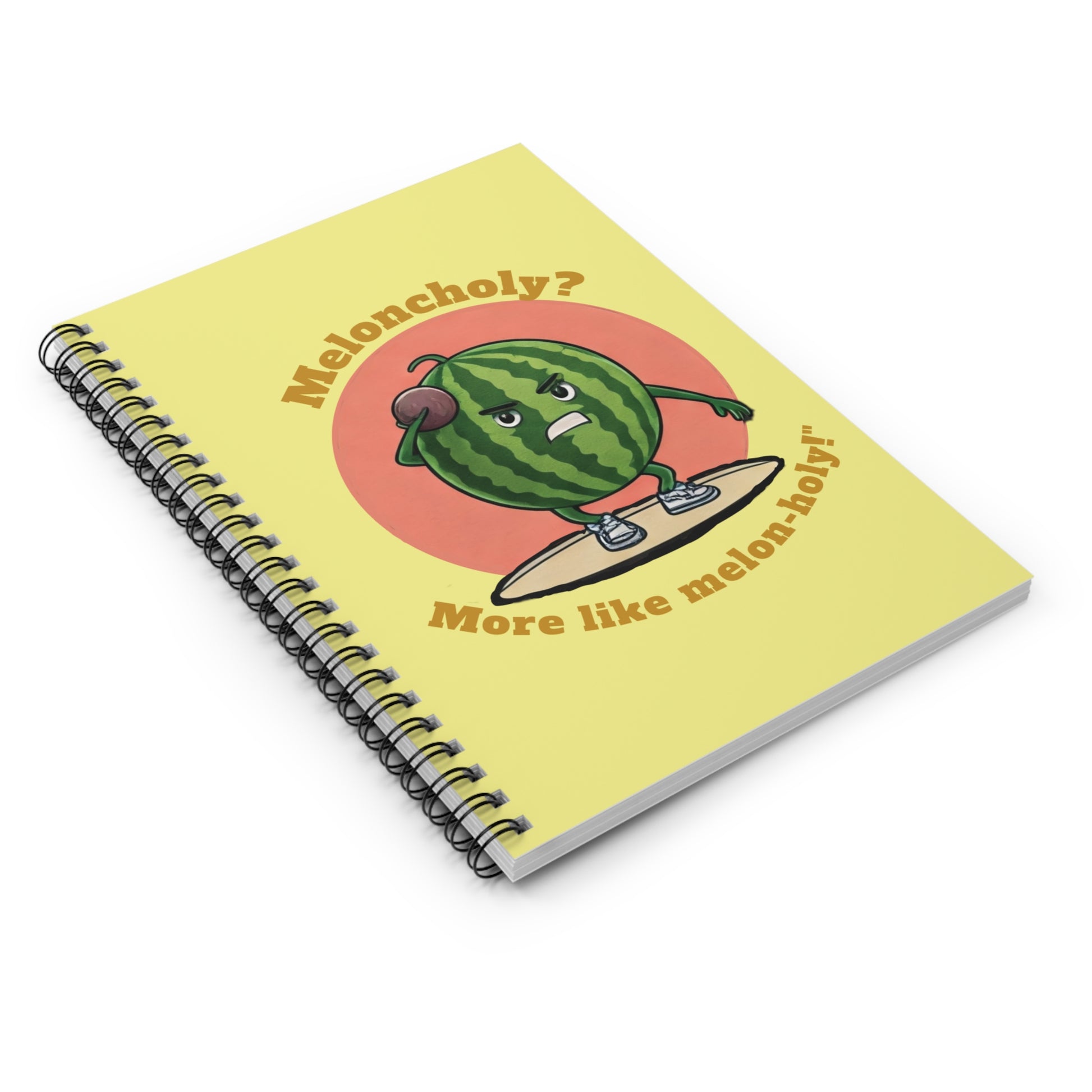 Spiral Notebook with a watermelon character and text on a yellow background
