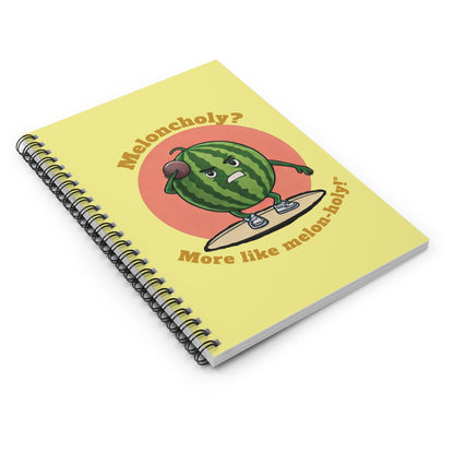 Spiral Notebook with a watermelon character and text on a yellow background
