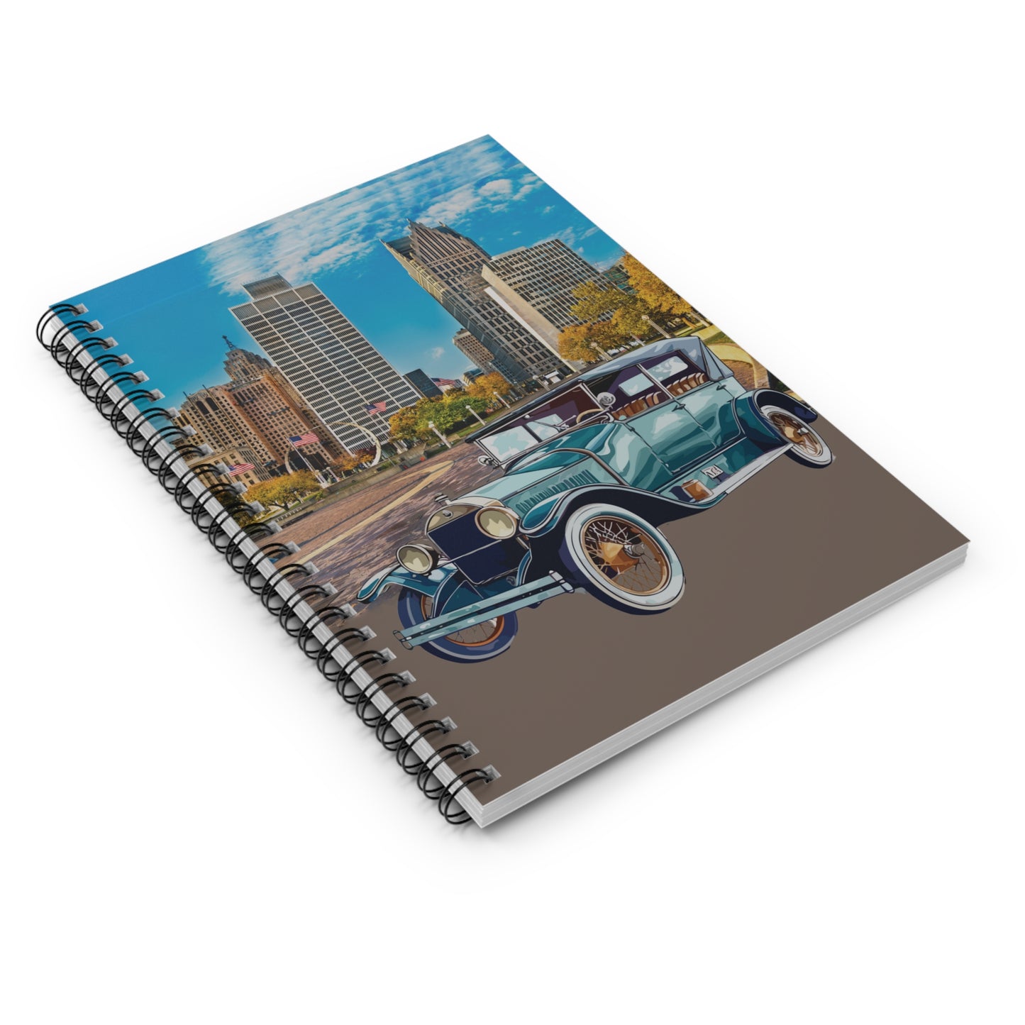 Notebook with a Buick vintage car and USA cityscape design on the cover