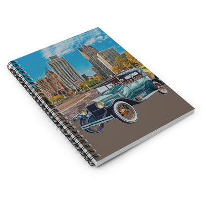 Notebook with a Buick vintage car and USA cityscape design on the cover
