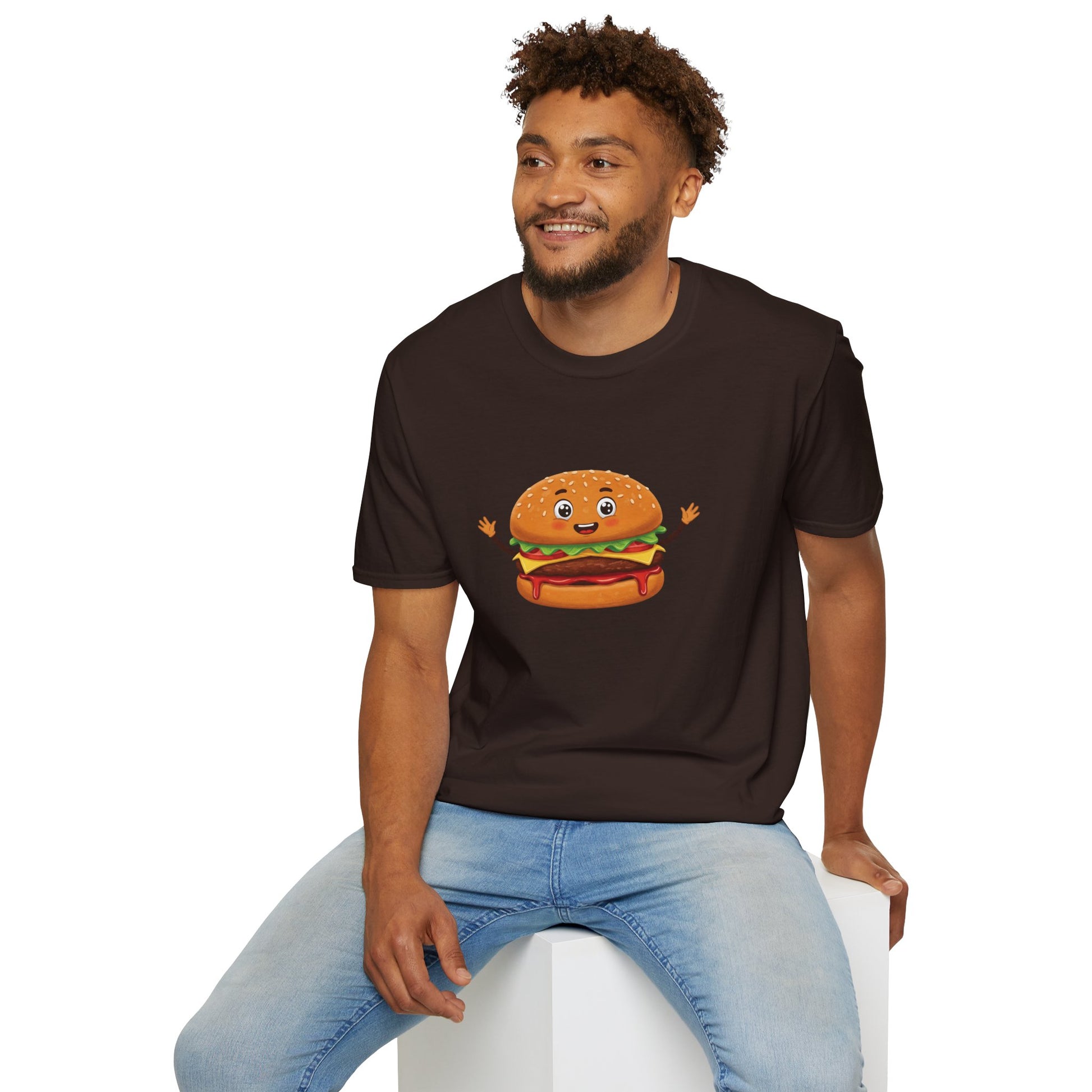 Man wearing a brown graphic t-shirt with a cute cartoon hamburger design from From Space Store