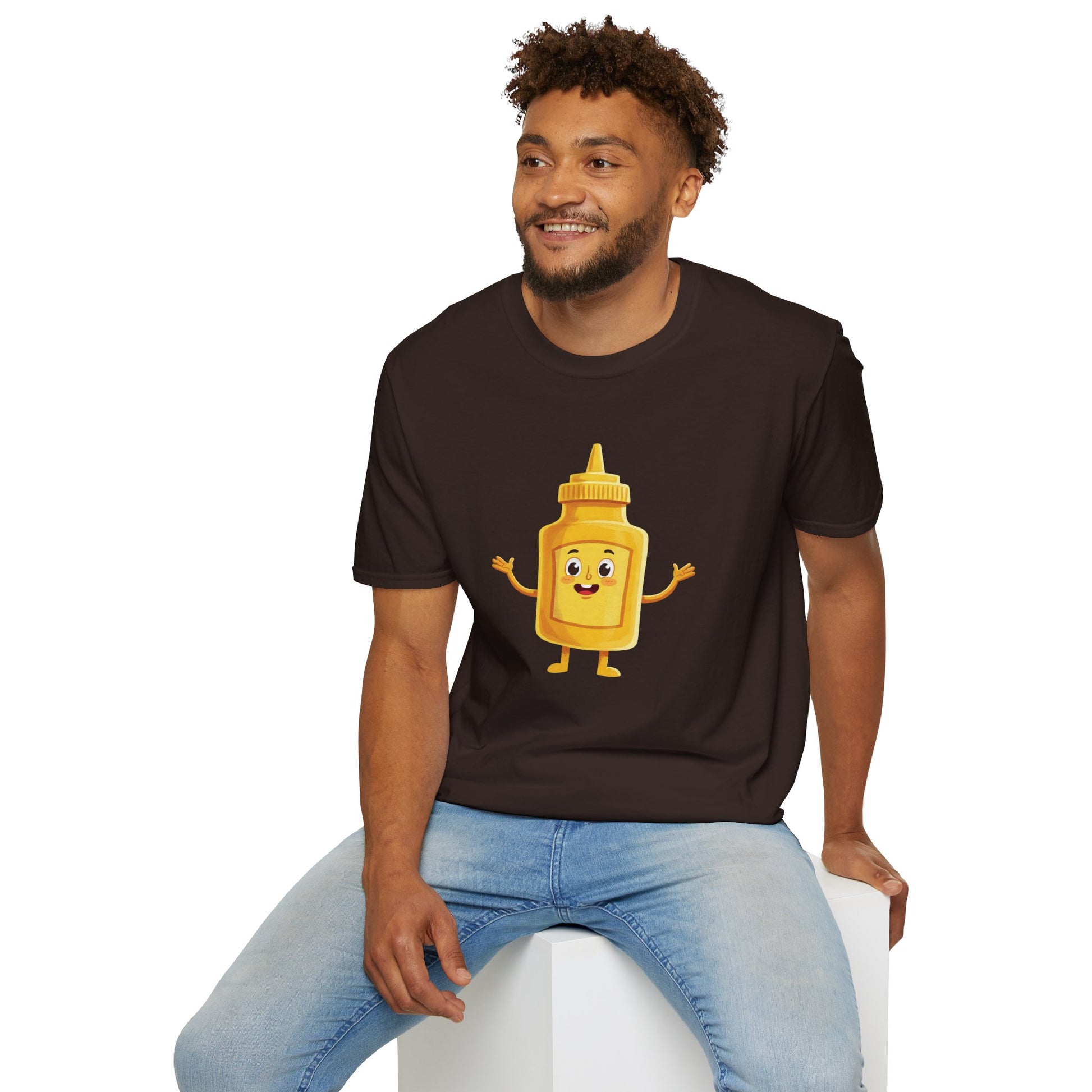 Man wearing a brown graphic t-shirt with a cute cartoon Mayo sauce design from From Space Store