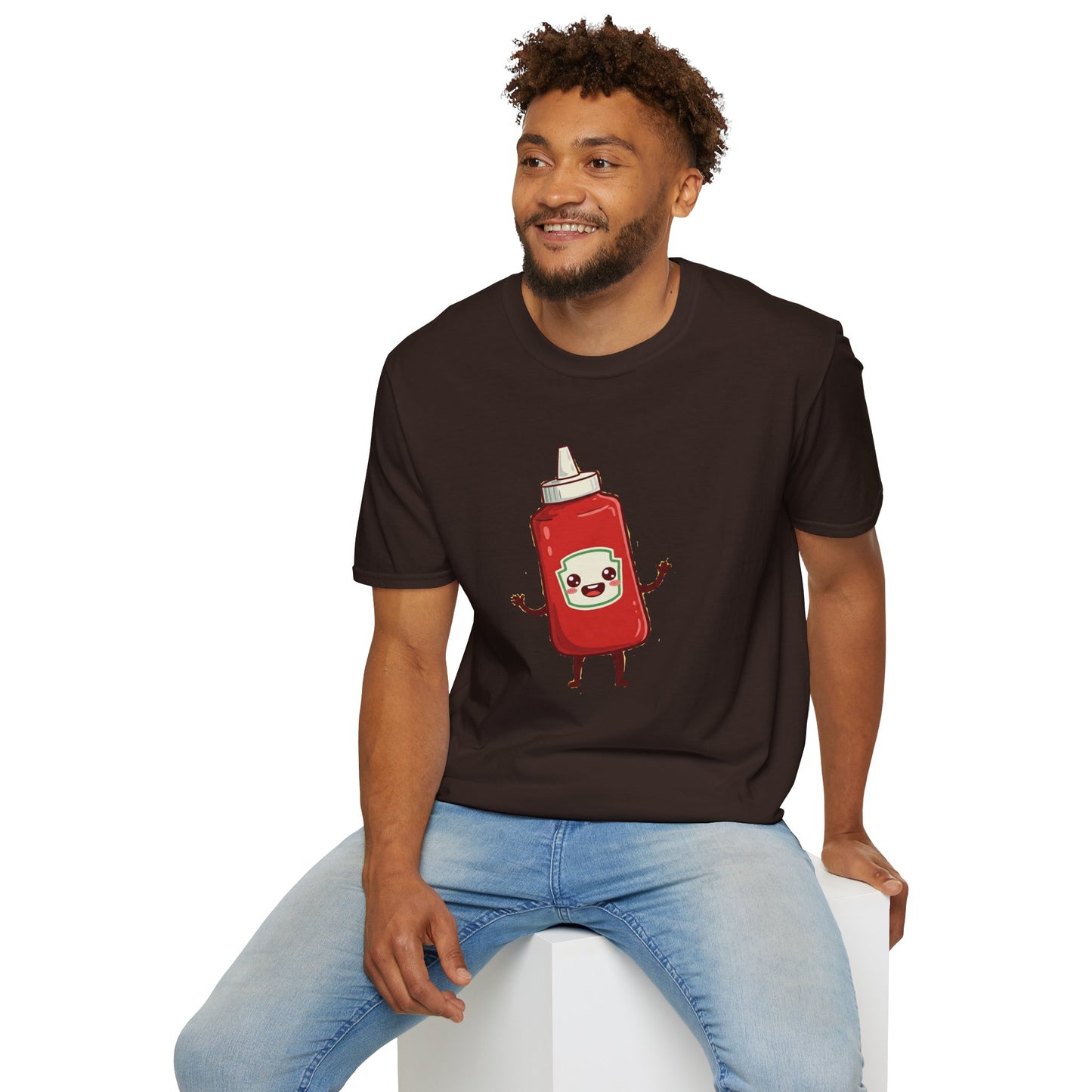 Man wearing a brown graphic t-shirt with a cute cartoon tomato sauce slice design from From Space Store