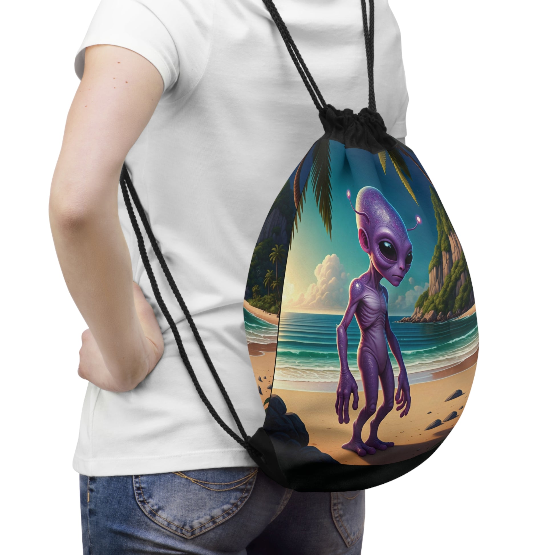 "Alien at Beach" Drawstring Bag: Sci-Fi Fun for Every Adventure!