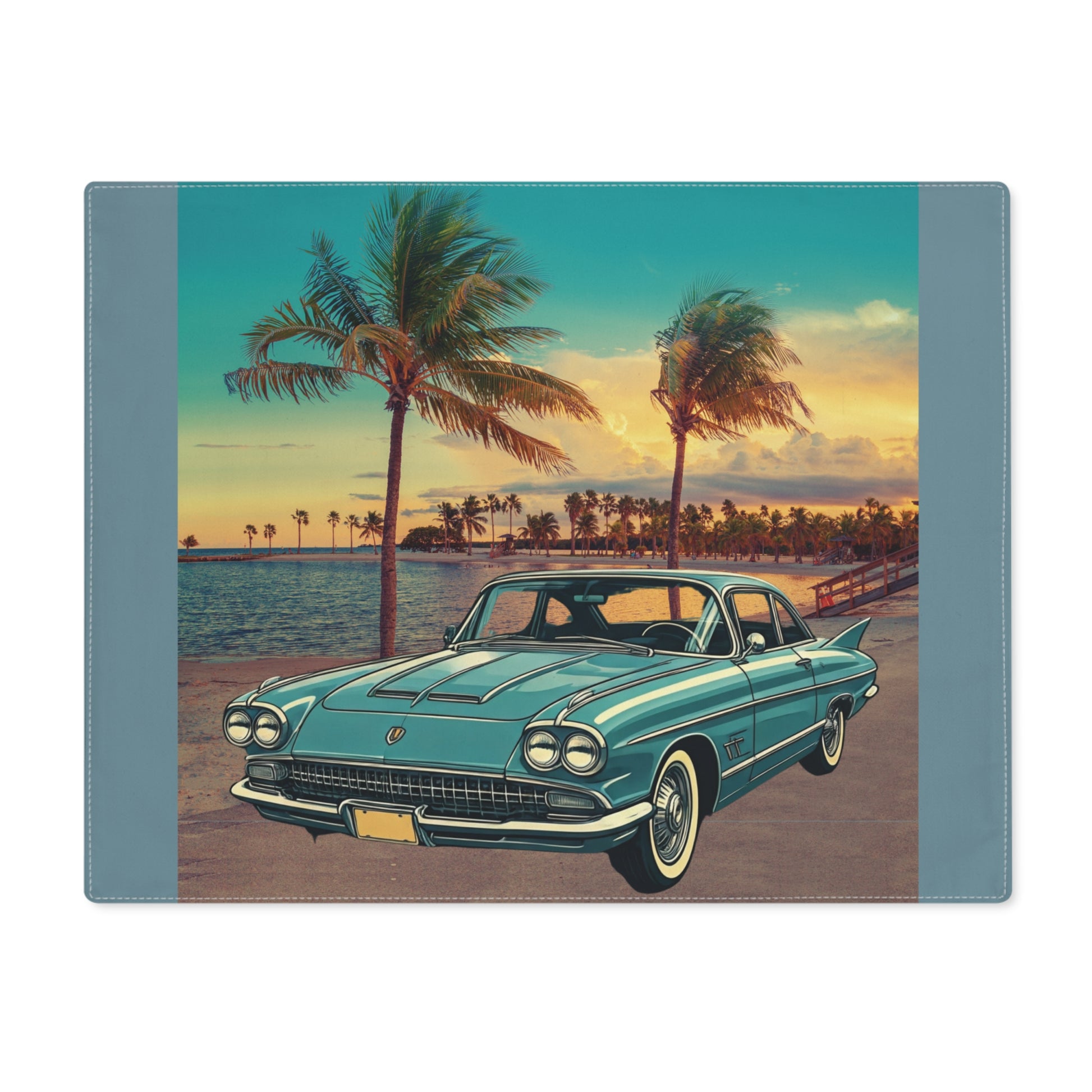 Vintage car Cadillac Eldorado on a beach with palm trees and sunset on a Placemat