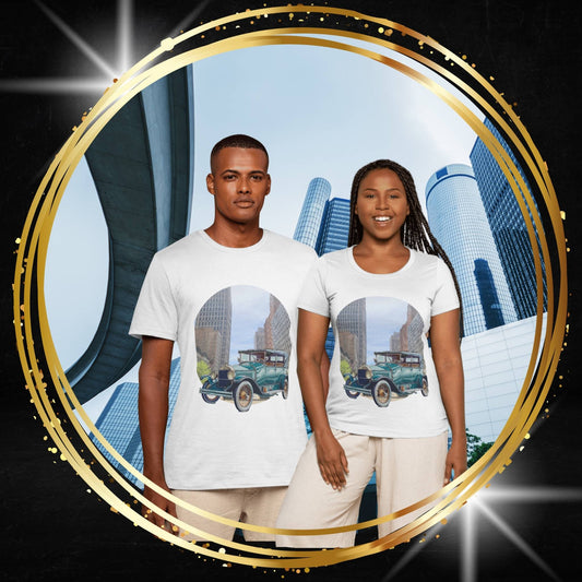 Two people wearing t-shirts with a original Buick doctor coupé design, a vintage blue car in front of a city skyline.  