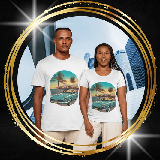 Two people wearing t-shirts with a original Cadillac Eldorado Brougham design, a vintage blue car in front of a city skyline.  