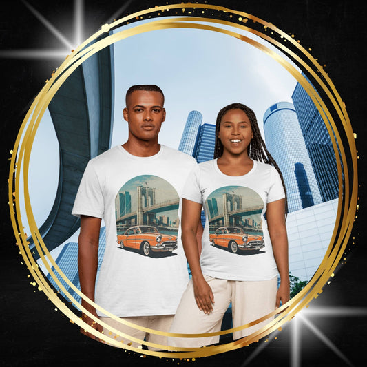Two people wearing t-shirts with a original Chevrolet Bel Air design, a vintage Orange Chevy car in front of a city skyline.  